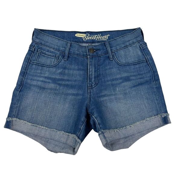 Old Navy The Sweetheart Denim Blue Jean Shorts Size 0 Cuffed Stretch Medium Wash - Picture 1 of 7